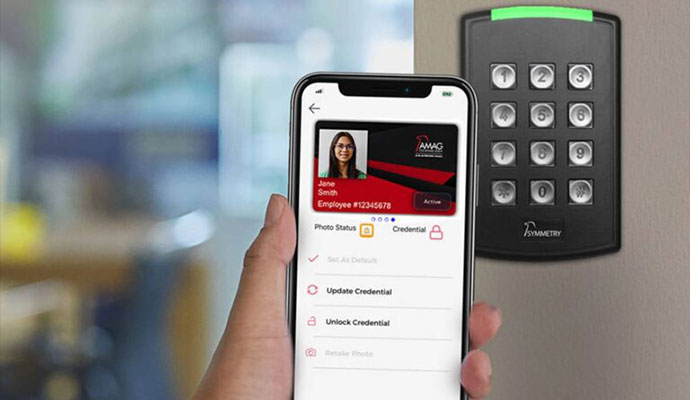 A smartphone shows an AMAG access credential.