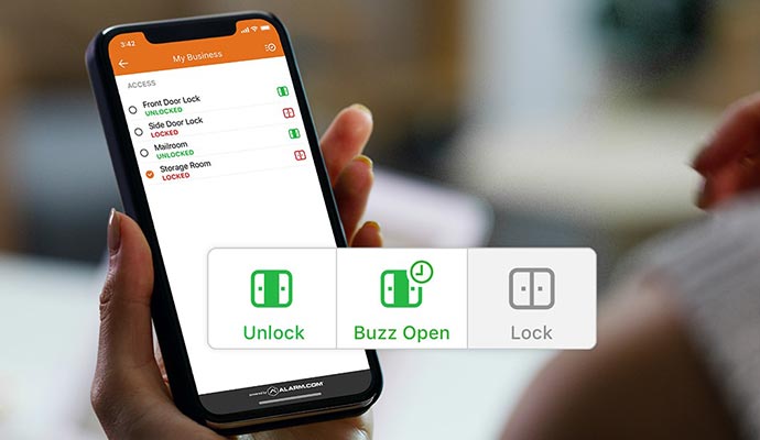 Smartphone app interface for remote door lock management.