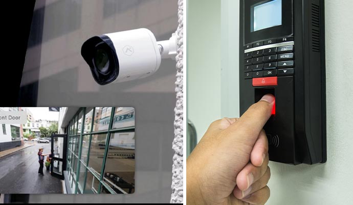 Collage of security camera and biometric access system
