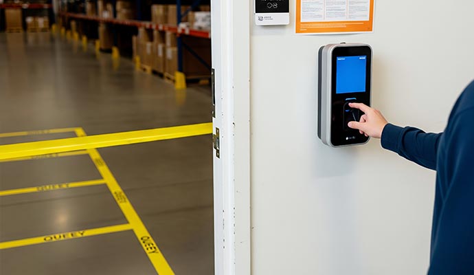 Person using biometric fingerprint scanner for warehouse access control