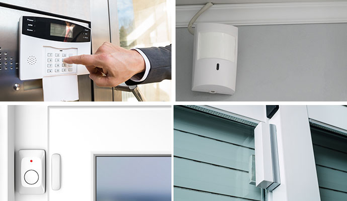 Collage of alarm keypad, motion sensor, and door and window contact sensors