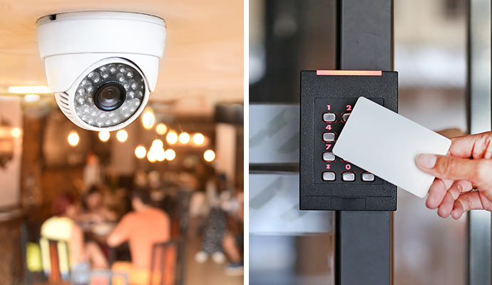 Dome surveillance camera mounted on a ceiling and a person using
          a key card on a keypad door reader