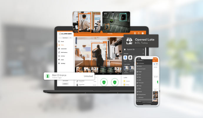 Alarm.com video analytics on laptop and phone