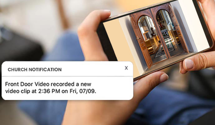 Church notification on phone with sanctuary video