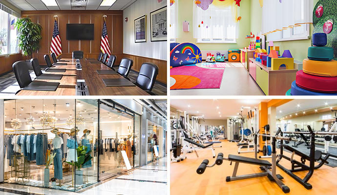 Collage of government office, retail store, a daycare centers, and a gym areas.