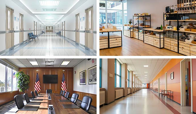 Collage of hospital, government office, retail store, and school