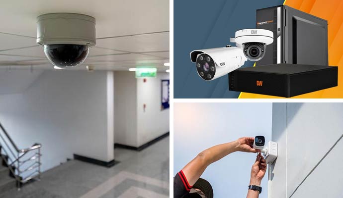 Collage of indoor, outdoor camera, and network video recorder