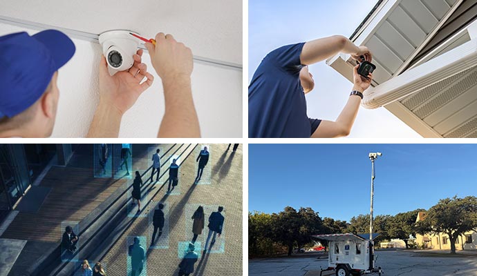 Collage of indoor & outdoor camera installation, AI video security monitoring and mobile surveillance trailer