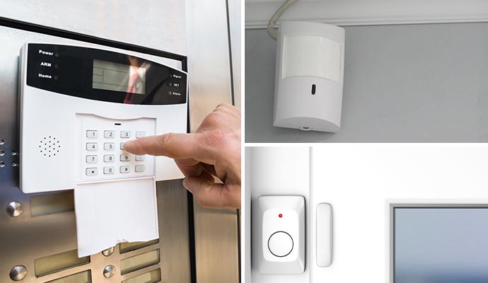 Collage of installed intrusion alarm systems, motion sensor and window and door contact