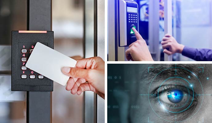 Collage of key card, biometric reader and retinal scanner