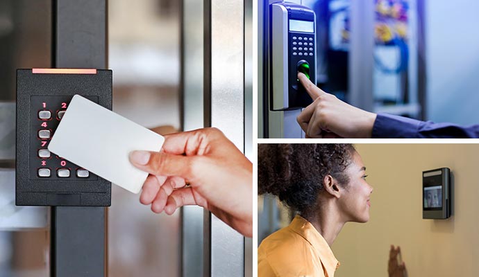 Collage of key card readers, biometric readers, and retinal scanners