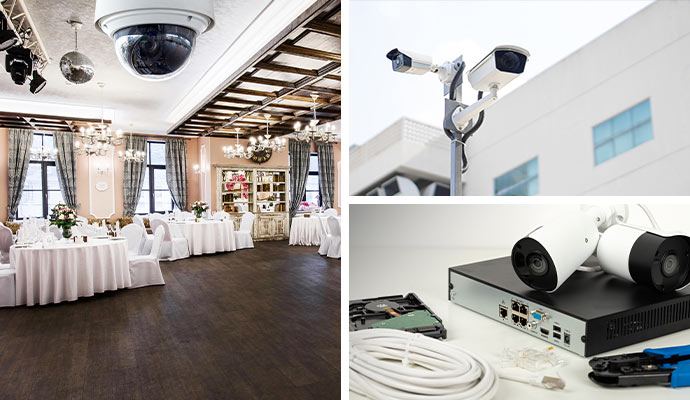 Collage of security camera in dining space, outdoor camera and nvr setup