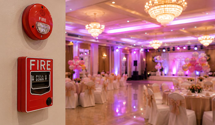 Fire alarm pull station and strobe in ballroom