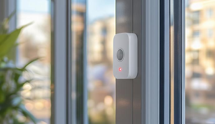 A glass break detector mounted on glass window