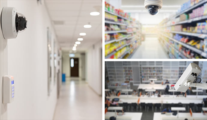 Hallway store and library security cameras collage