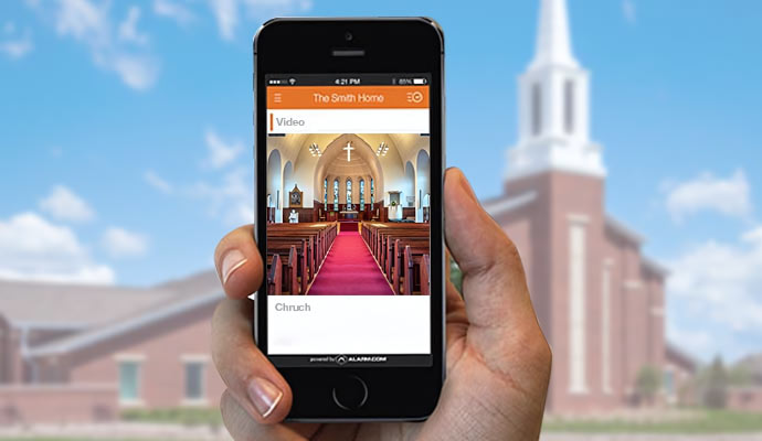 Phone showing church camera feed