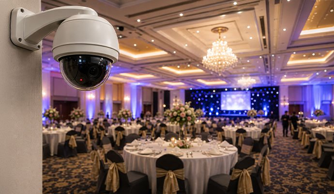 White dome camera monitoring ballroom