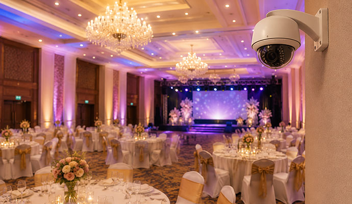 White dome camera overlooking banquet hall