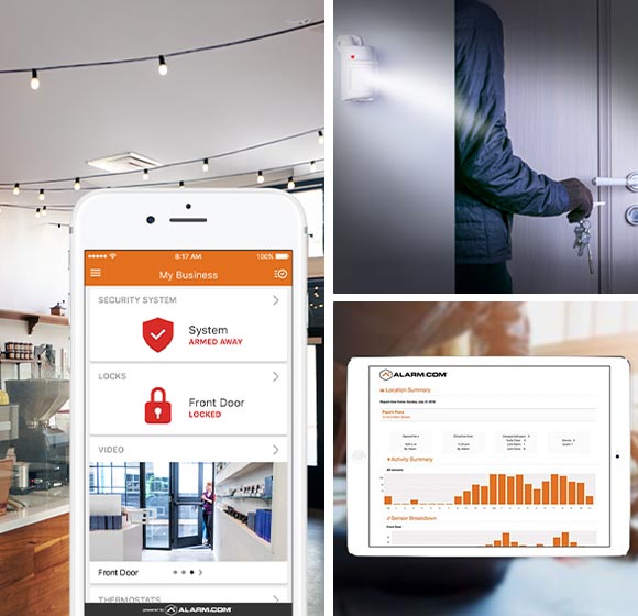 Collage of business monitoring system and burglary detection