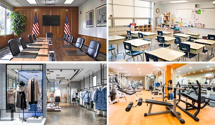Collage of government office, retail store, fitness center and school room