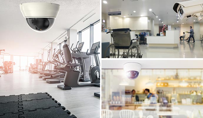 Collage of gym, hospital and restaurant security camera
