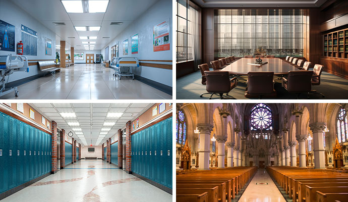 Collage of commercial facilities including healthcare, corporate offices, schools, and churches