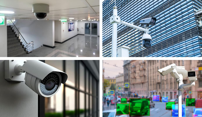 Collage of indoor, outdoor, IP camera, and AI protective video security