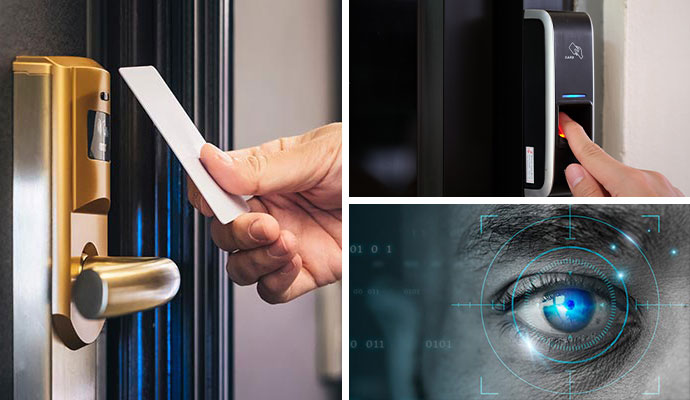 Collage of keycard readers, biometric fingerprint scanner, and retinal scanner