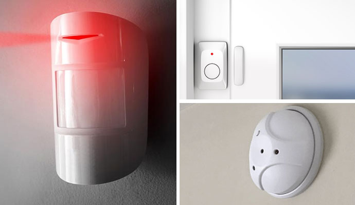 Collage of installed motion sensor, door sensor and glass break detector