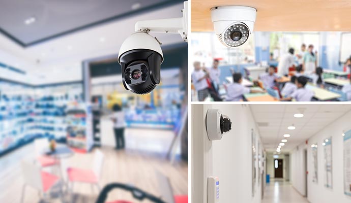 Collage of retail store, school and hospital security
