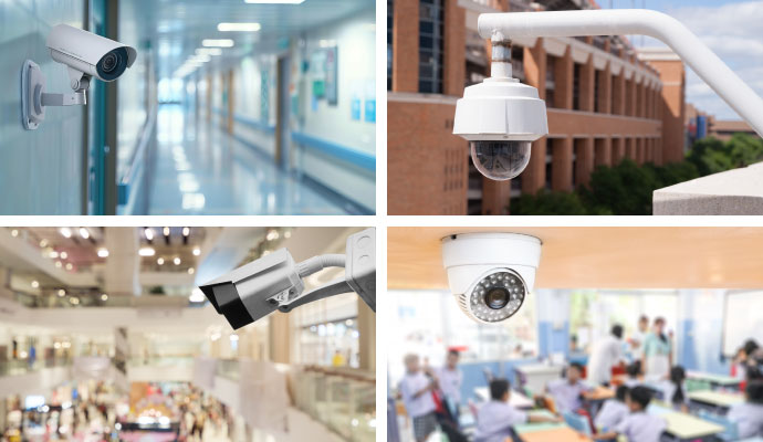 Collage of security camera installed at healthcare facility, government office, retail store and classroom