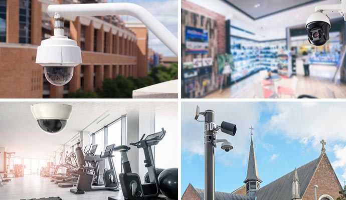 Collage of security cameras on government office, retail store, gym and church