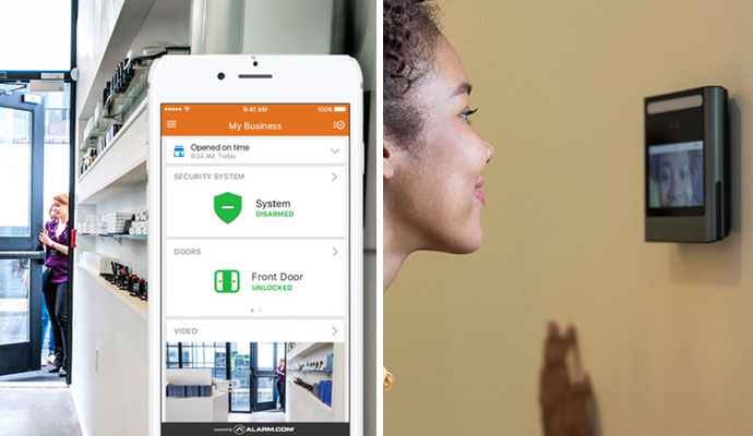 Collage of security system app demonstration and person using access control system
