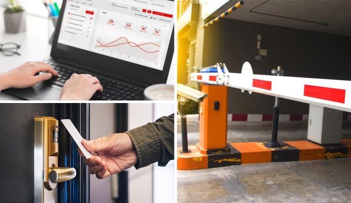 Collage of smart business report, touch-less door and parking system