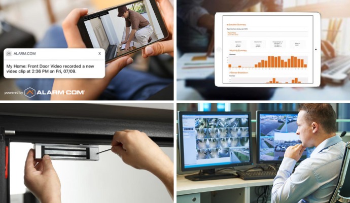 Collage of smart notification, magnetic lock, business report and 24-7 monitoring