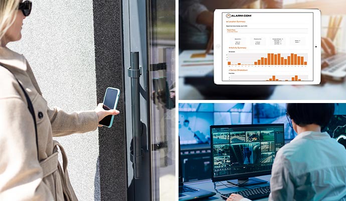 Collage of touchless door systems, smart reporting, and video monitoring systems.