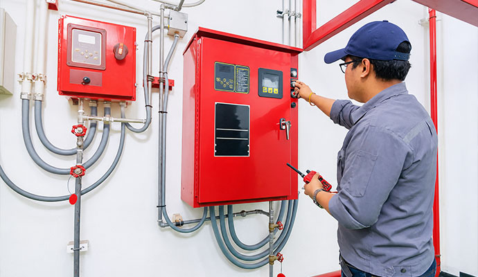 Technician conducting commercial fire alarm systems inspection and maintenance