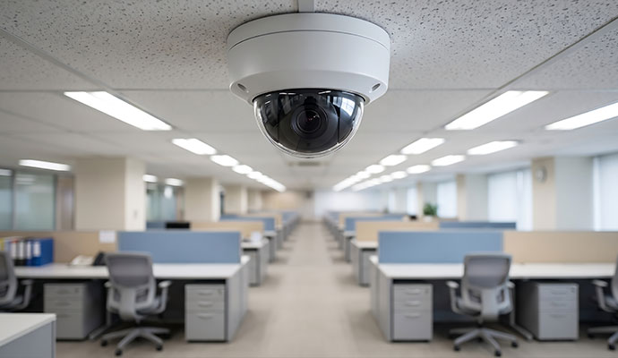 Ceiling dome security camera installed in a commercial office workspace