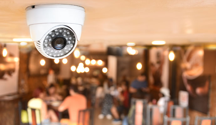 Indoor
          dome security camera mounted on a ceiling monitoring a busy commercial
          business environment