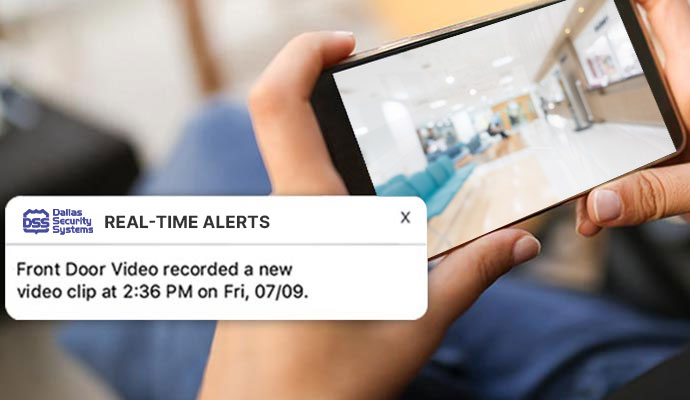 Dallas Security Systems business app showing notification of a video recording