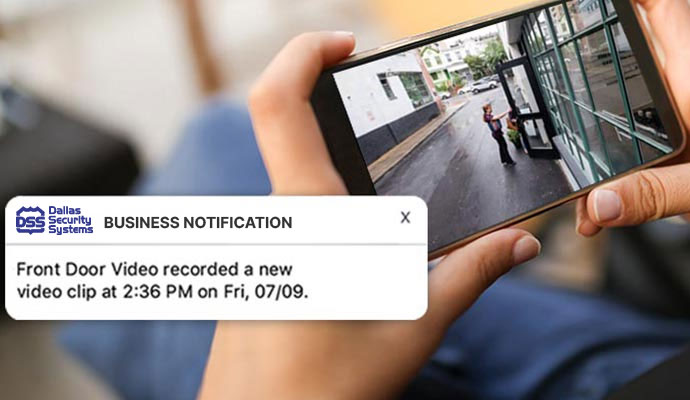 Dallas Security Systems business app showing notification of a front door video recording