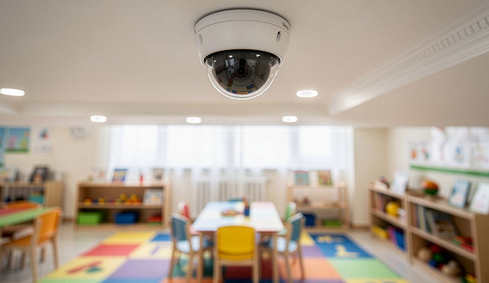 Ceiling dome security camera in a colorful daycare room