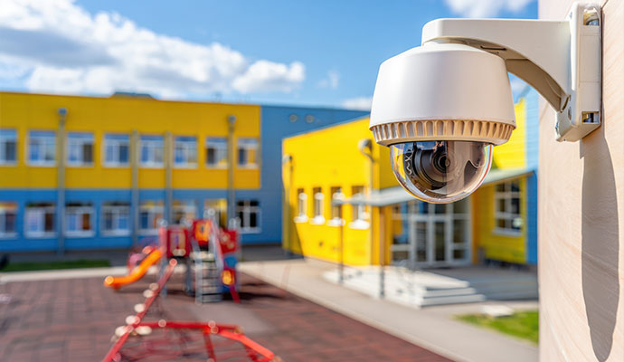 Outdoor surveillance camera mounted on a wall overlooking a daycare playground
