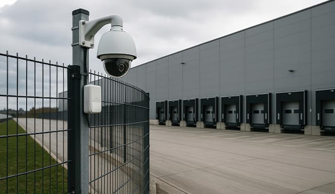 White dome security camera on pole overlooking warehouse loading docks