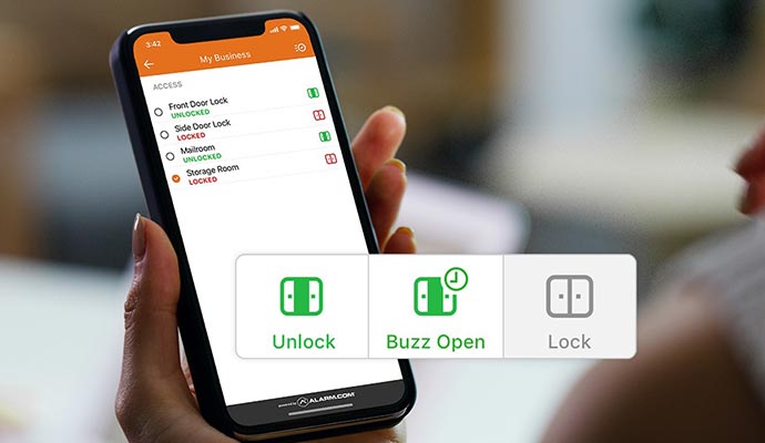 Smartphone app interface for managing business door locks and remote access control.