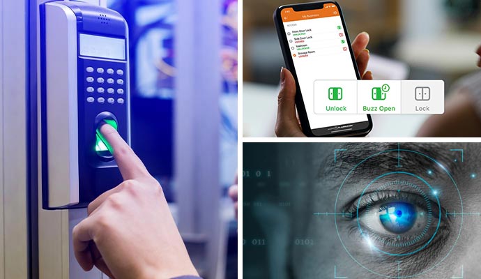 Collage of fingerprint scanning, mobile app management, and iris recognition.