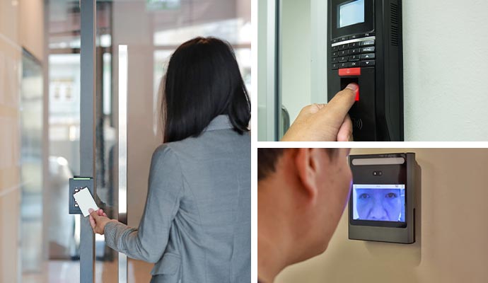 Collage of keycard, fingerprint, and facial recognition access control systems