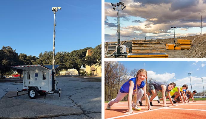 Mobile surveillance trailer in parking lot, construction site and sports event