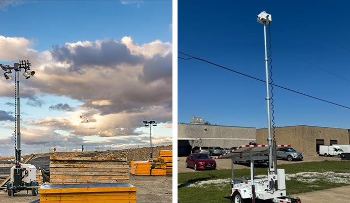 Collage of mobile surveillance trailer in construction site and parking lot