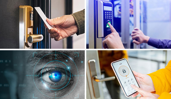 Collage of
          electronic access methods including key card entry, fingerprint scanner,
          retina scan and mobile phone app door lock